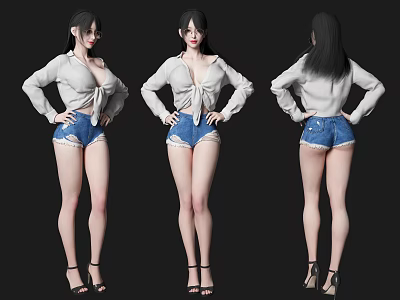 Woman in Open White Shirt Blue Denim Shorts Black High Heels Front Side Back Poses 3d model