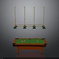 Red Frame Pool Table With Green Felt Surface And Gold Pendant Lights Hanging Above