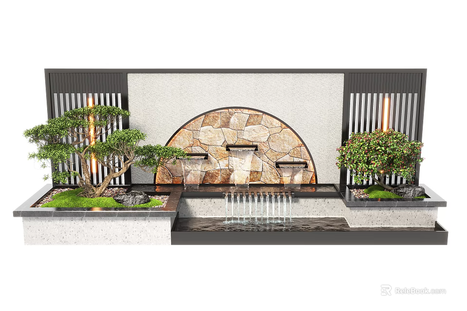 Modern Feature Wall With Arched Stone Design Water Fountain And Decorative Plants 3d model 