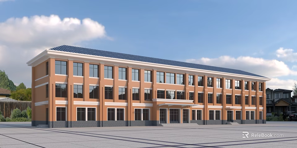 Modern School Building With Orange Facade Blue Roof Large Windows And Spacious Front Plaza 3d model 