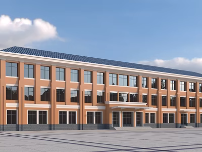 Modern School Building With Orange Facade Blue Roof Large Windows And Spacious Front Plaza 3d model