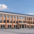 Modern School Building With Orange Facade Blue Roof Large Windows And Spacious Front Plaza