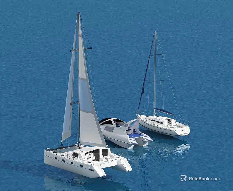 White Sailboats With Various Designs Floating On Blue Calm Water Surface 3d model 