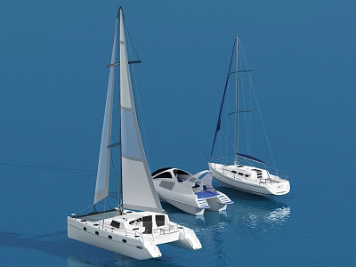 White Sailboats With Various Designs Floating On Blue Calm Water Surface 3d model
