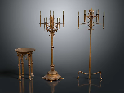 Vintage Metal Candelabra With Multiple Candle Arms Decorative Design And Matching Small Table 3d model