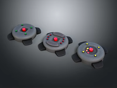 Three Round Weapon Devices Featuring Red Green Yellow Buttons And Black Stands 3d model