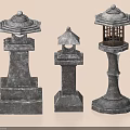 Garden Landscape Featuring Three Traditional Stone Lanterns With Ornamental Outdoor Design