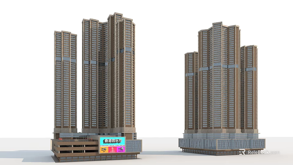 Modern High Rise Residential Buildings With Commercial Base And Glass Facade 3d model 