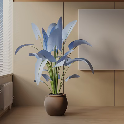 Indoor Potted Plant With Blue Leaves In Brown Ceramic Pot And Light Beige Wall 3d model