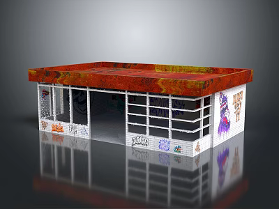 Red Roof White Wall Building With Colorful Graffiti And Glass Windows 3d model