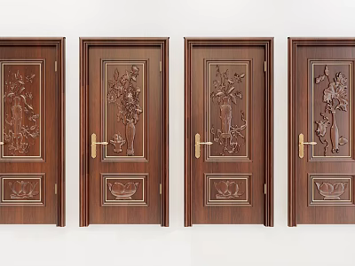 Dark Brown Solid Wood Swing Doors With Intricate Carvings And Golden Handles Design 3d model