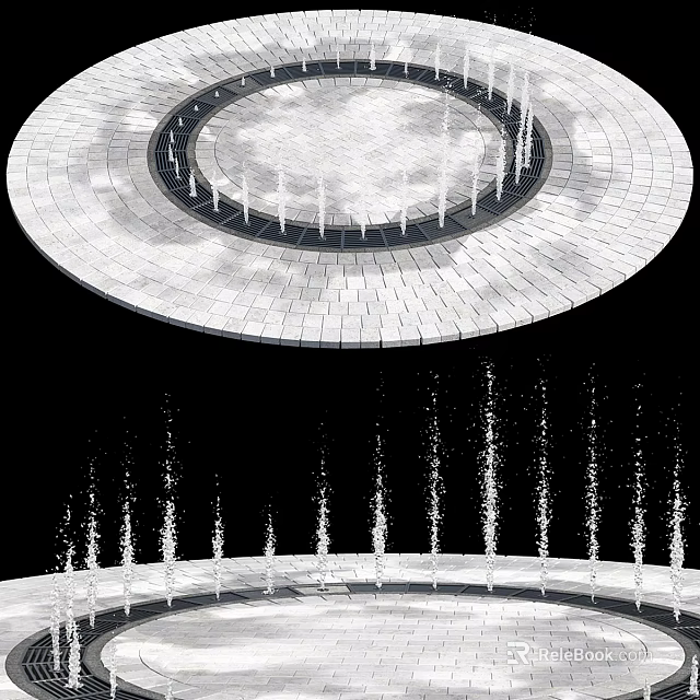 Outdoor Circular Fountain Design With Tiled Platform And Vertical Water Jets 3d model 