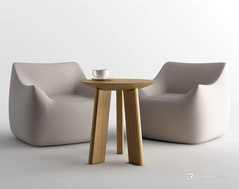Modern Living Room Table With Light Grey Fabric Chairs And Wooden Legs Featuring Cup 3d model 