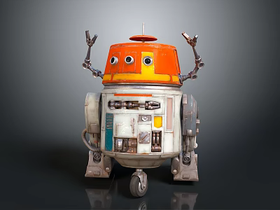 Smart Robot With Orange Dome White Body Mechanical Arms And Wheels 3d model