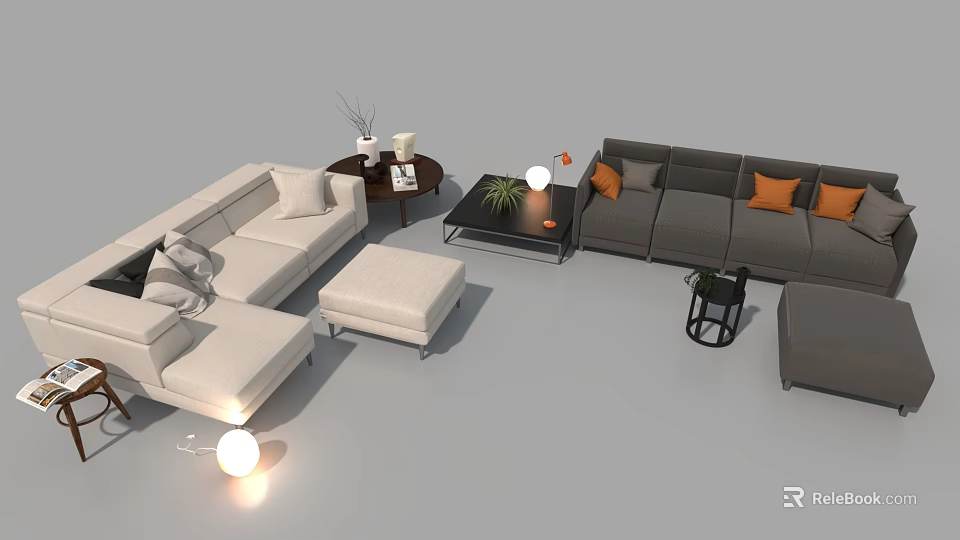 Modern Sofa Set With Gray Sections Coffee Table Ottoman And Decorative Plants 3d model