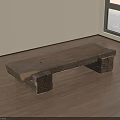 Rustic Long Wooden Bench With Carved Legs On Floor Near Window With City Sunset View