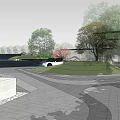 Modern Square Club Front Square Natural Lake Falling Water 3d model