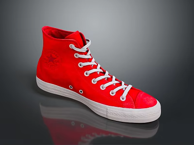Red High Top Canvas Shoes With White Laces White Sole And Star Pattern 3d model