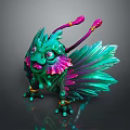 Vibrant Fantasy Creature Character With Green Feathered Body Pink Antennae And Colorful Details