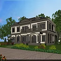 Two Story Detached Villa With Green Lawn Trees Driveway Front Porch And Windows