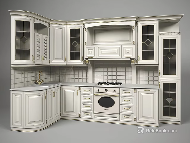 White Kitchen Cabinets With Glass Doors Stove Sink And Tile Backsplash Design 3d model 