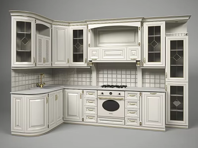 White Kitchen Cabinets With Glass Doors Stove Sink And Tile Backsplash Design 3d model
