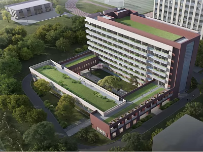 Multi Story Modern Office Building with Red White Facade Green Roof and Surrounding Trees 3d model