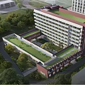 Multi Story Modern Office Building with Red White Facade Green Roof and Surrounding Trees