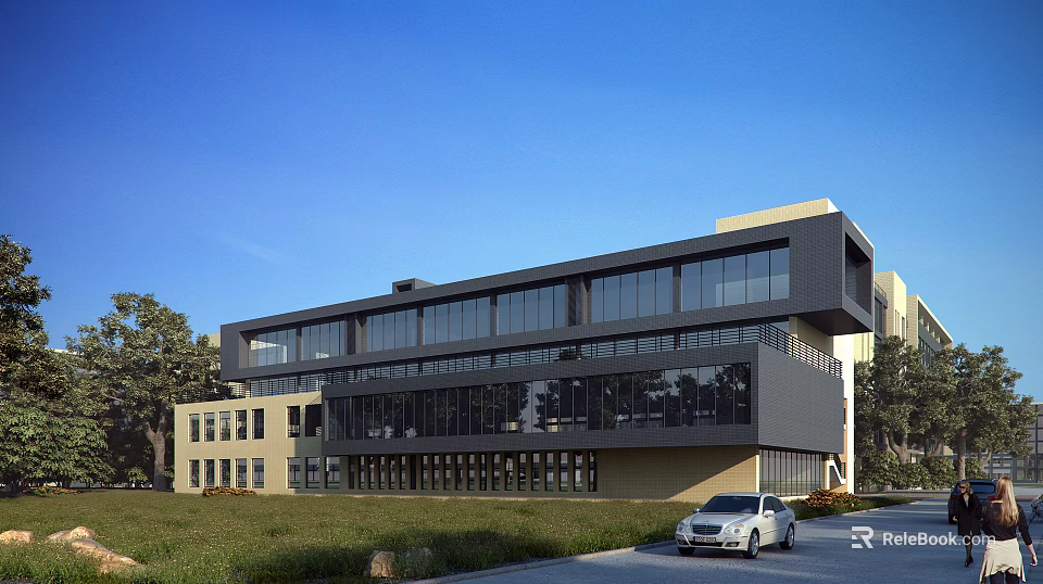 Contemporary Industrial Factory Building With Large Glass Facade Steel Structure And Green Surroundings 3d model 
