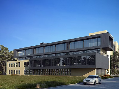 Contemporary Industrial Factory Building With Large Glass Facade Steel Structure And Green Surroundings 3d model