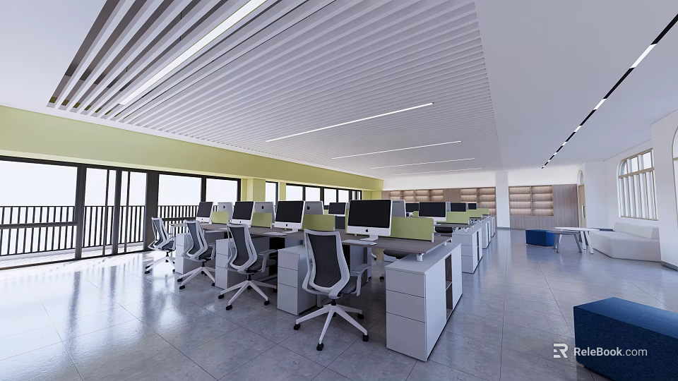 Modern Public Office Space With Open Layout Workstations Computers Ergonomic Chairs And Ceiling Lights 3d model
