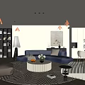 Modern Living And Dining Area With Navy Blue Sofa Round Coffee Table And Bookshelf