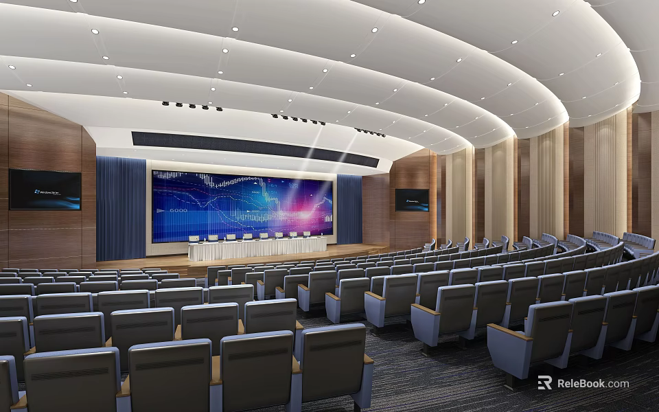 Modern Conference Room With Large Screen Rows Of Seats And Wooden Panel Decor 3d model 