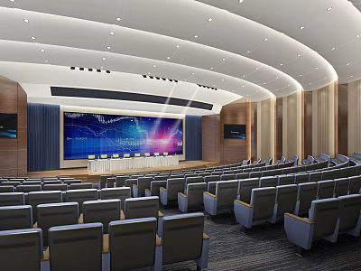Modern Conference Room With Large Screen Rows Of Seats And Wooden Panel Decor 3d model