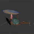 Japanese Scenic Structure With Blue Umbrella Yellow Patterns Wooden Platform Screen Tea Set And Mat