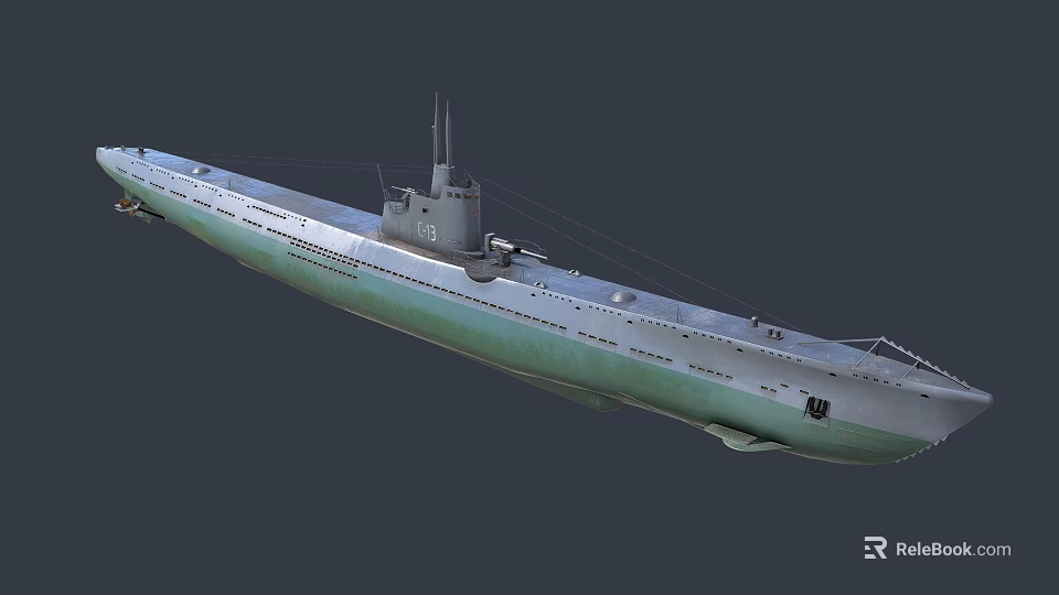 Modern Military Submarine With Gray Green Hull And Command Tower Structure Design 3d model 