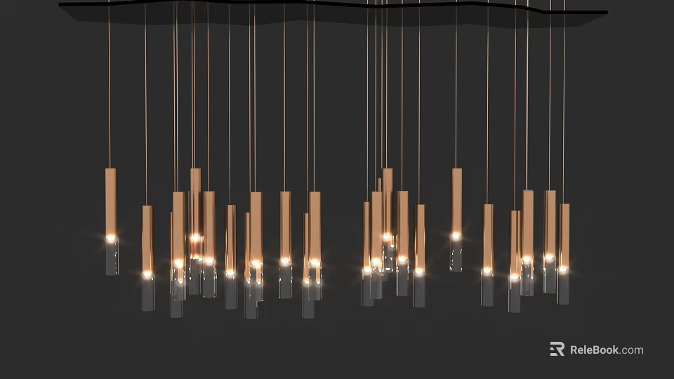 Modern Chandelier With Hanging Slim Light Columns Transparent Bases And Warm Lighting 3d model 