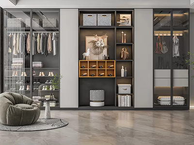 Modern Wardrobe Interior Design With Glass Doors Hanging Clothes And Storage Cabinets 3d model