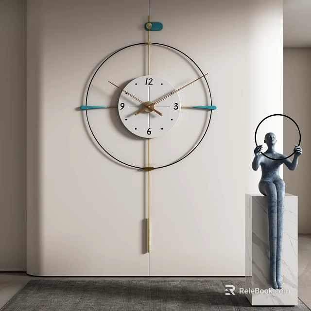 Modern Wall Clock With White Dial Black Blue Frame By Figure Sculpture On Marble Stand 3d model 