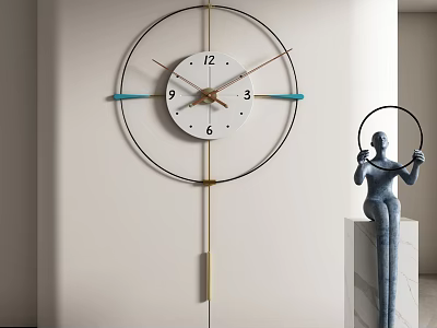 Modern Wall Clock With White Dial Black Blue Frame By Figure Sculpture On Marble Stand 3d model