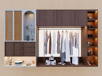 Modern Multi Functional Wooden Wardrobe Display Shelf With LED Light For Garments And Accessories 3d model