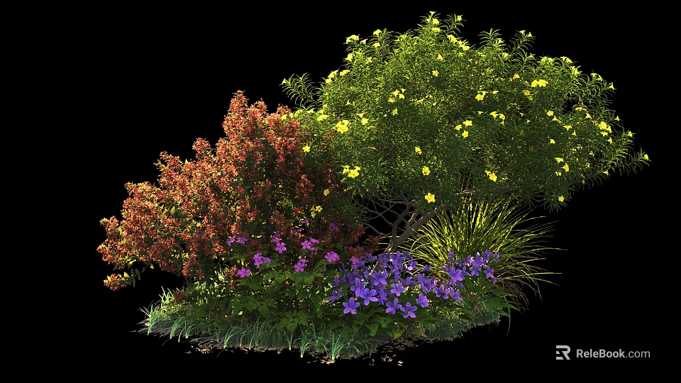 Colorful Garden Shrubs With Red Green Foliage Yellow Flowers And Purple Blooms 3d model 