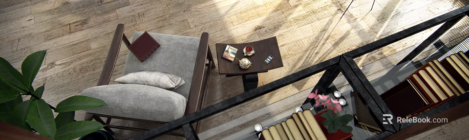 Comfortable Single Sofa With Pillow Next To Wooden Side Table And Tea Set Books 3d model 