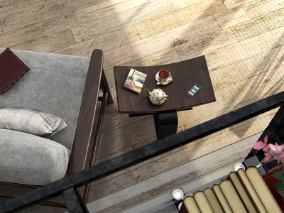 Comfortable Single Sofa With Pillow Next To Wooden Side Table And Tea Set Books 3d model