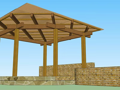 Wooden Pergola Structure With Brown Roof Beams Columns Brick Wall And Stone Floor 3d model