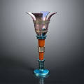 Decorative Pedestal With Flared Metal Top Wooden Column And Blue Base