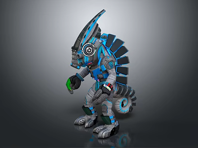 Mechanical Reptilian Game and Movie Character With Blue Gray Armor Spiked Back Circular Eye Design 3d model