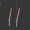 Two Swords With Gradient Blades Red Yellow And Blue Purple White Handles Dark Background