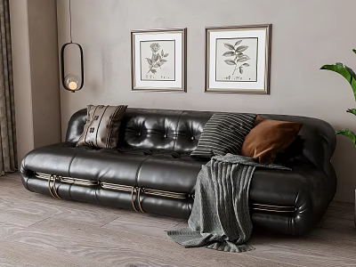 Modern Large Leather Sofa With Throw Pillows Blanket And Framed Art 3d model