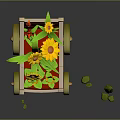 Yellow Sunflowers in Red Wooden Cart with Green Leaves Orange Wheels and Scattered Leaves Reflection
